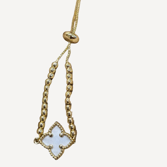 18K Gold-Plated White Clover Adjustable Beaded Slider Bracelet