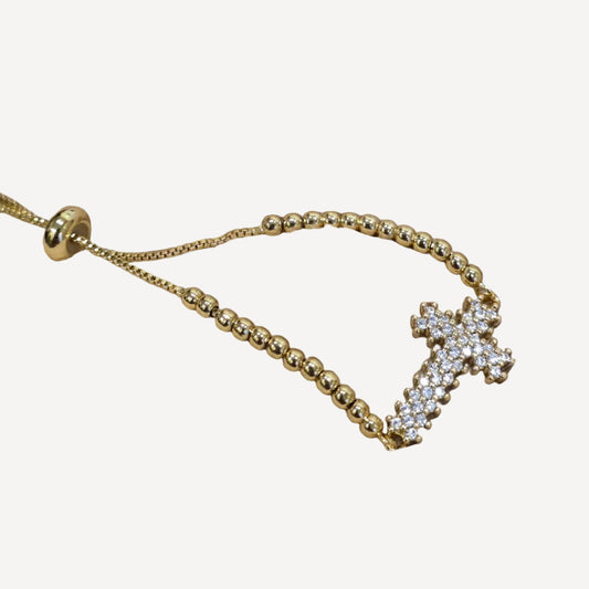 18K Gold-Plated Full Pavé Crystal Cross Adjustable Slider Bracelet